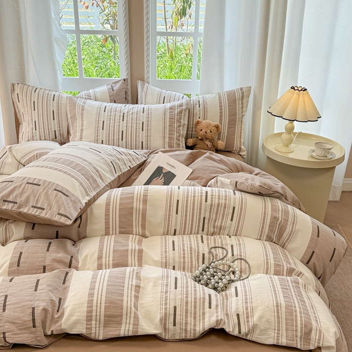 91家纺网 家纺一手货源 找家纺 米可2025春夏新款A类色织华夫格提花全棉四件套 本色咖