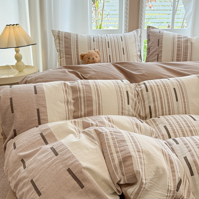 91家纺网 家纺一手货源 找家纺 米可2025春夏新款A类色织华夫格提花全棉四件套 本色咖