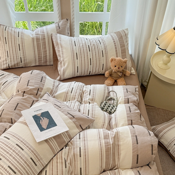 91家纺网 家纺一手货源 找家纺 米可2025春夏新款A类色织华夫格提花全棉四件套 本色咖