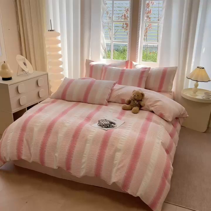 91家纺网 家纺一手货源 找家纺 米可2025春夏新款A类色织华夫格提花全棉四件套 本色-粉