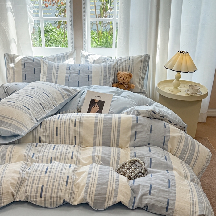 91家纺网 家纺一手货源 找家纺 米可2025春夏新款A类色织华夫格提花全棉四件套 本色-蓝