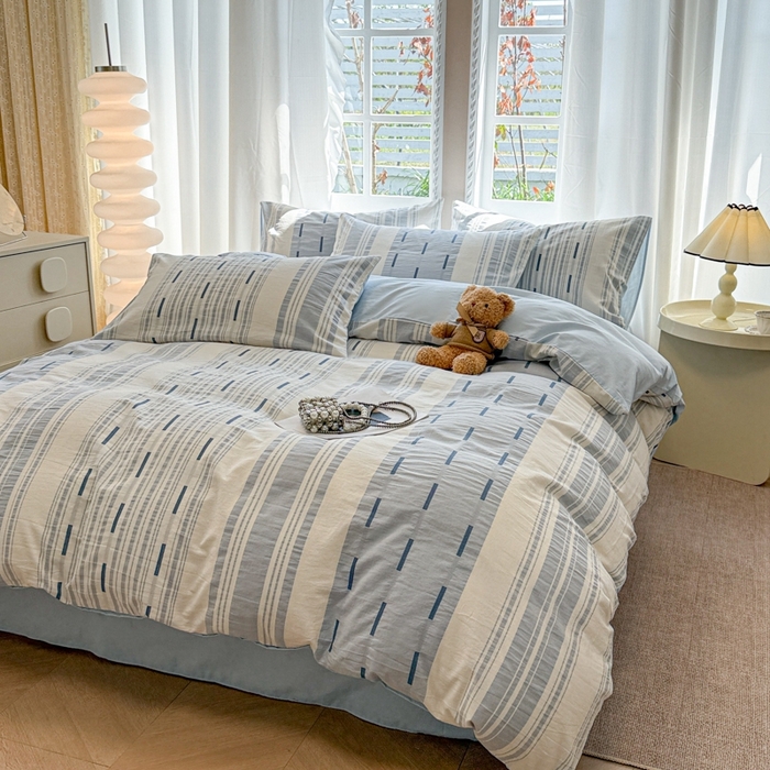 91家纺网 家纺一手货源 找家纺 米可2025春夏新款A类色织华夫格提花全棉四件套 本色-蓝