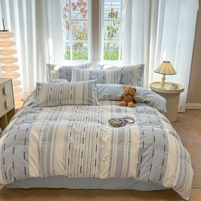 91家纺网 家纺一手货源 找家纺 米可2025春夏新款A类色织华夫格提花全棉四件套 本色-蓝