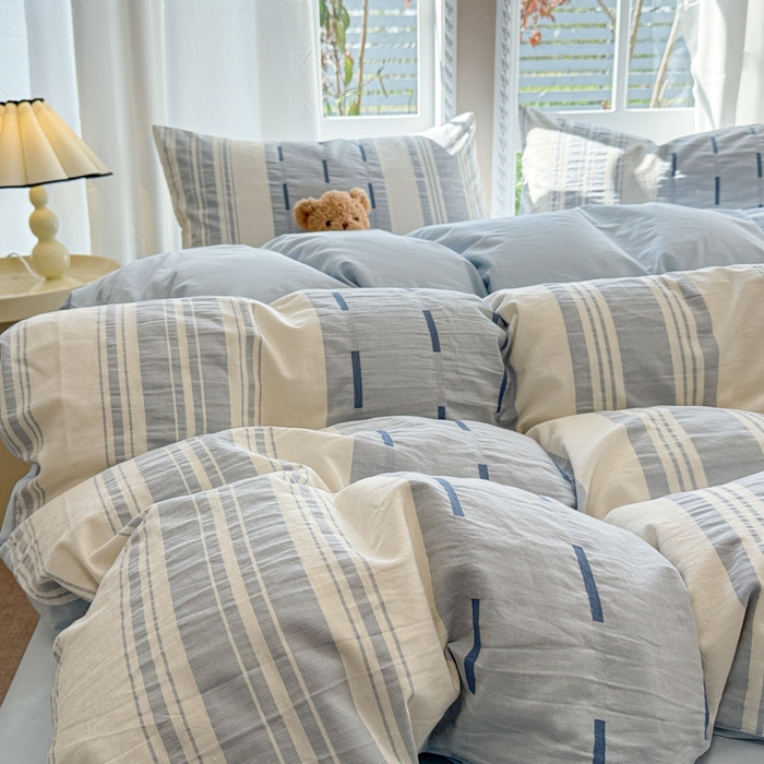 91家纺网 家纺一手货源 找家纺 米可2025春夏新款A类色织华夫格提花全棉四件套 本色-蓝