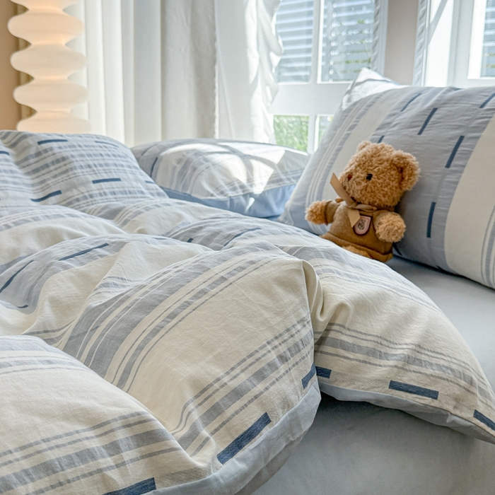 91家纺网 家纺一手货源 找家纺 米可2025春夏新款A类色织华夫格提花全棉四件套 本色-蓝