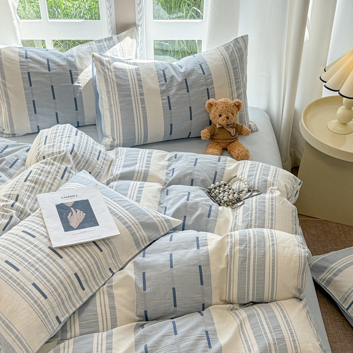 91家纺网 家纺一手货源 找家纺 米可2025春夏新款A类色织华夫格提花全棉四件套 本色-蓝