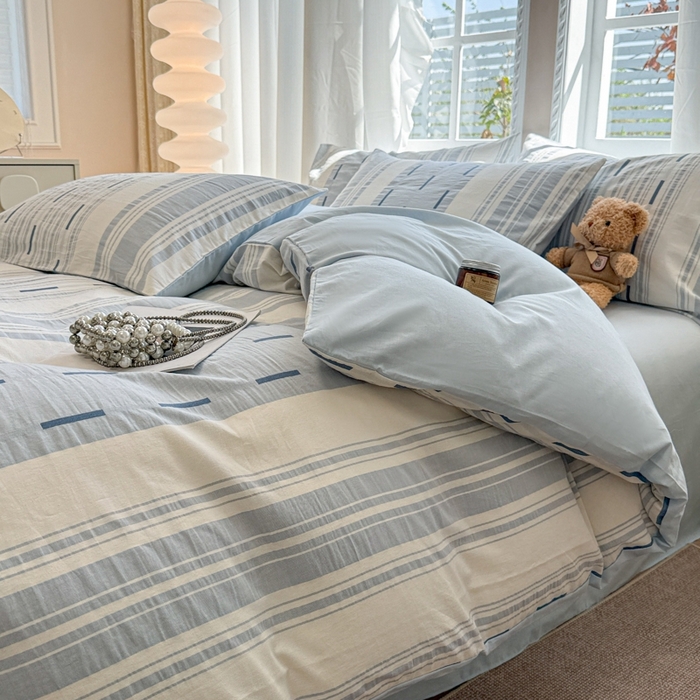 91家纺网 家纺一手货源 找家纺 米可2025春夏新款A类色织华夫格提花全棉四件套 本色-蓝