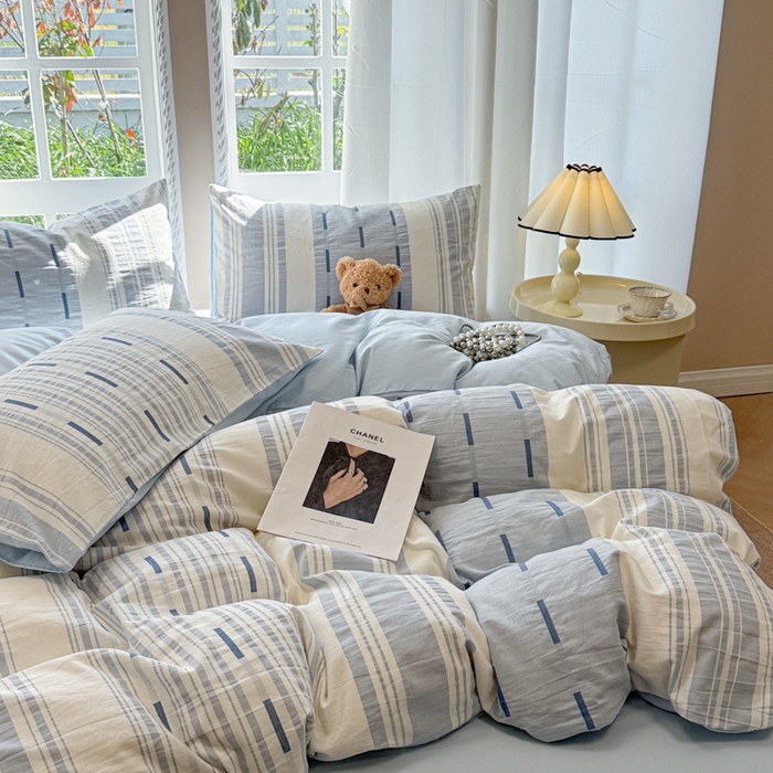 91家纺网 家纺一手货源 找家纺 米可2025春夏新款A类色织华夫格提花全棉四件套 本色-蓝