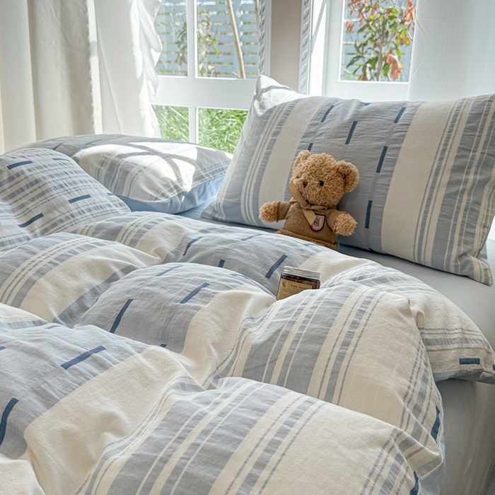 91家纺网 家纺一手货源 找家纺 米可2025春夏新款A类色织华夫格提花全棉四件套 本色-蓝