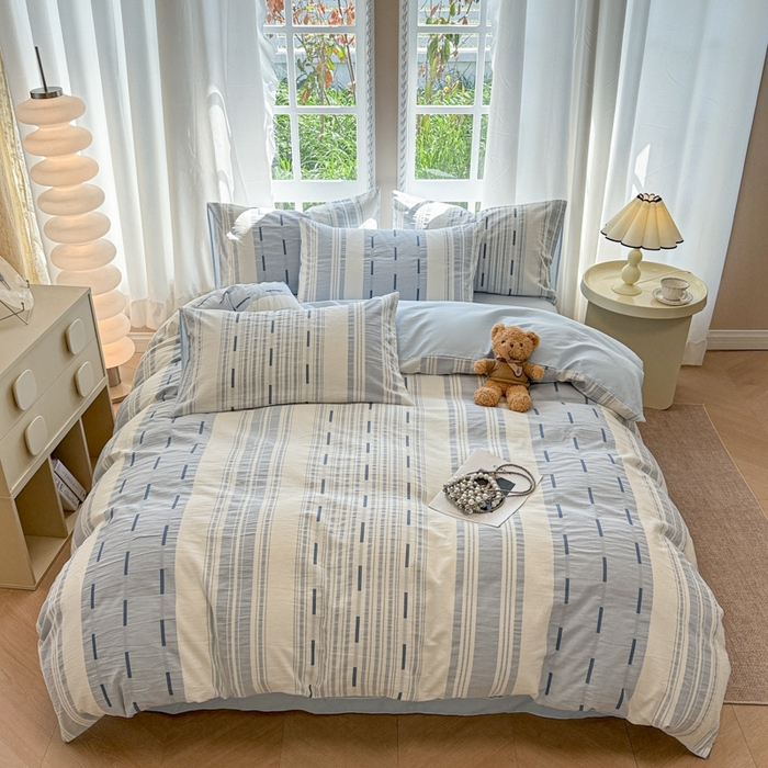 91家纺网 家纺一手货源 找家纺 米可2025春夏新款A类色织华夫格提花全棉四件套 本色-蓝