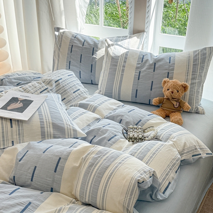 91家纺网 家纺一手货源 找家纺 米可2025春夏新款A类色织华夫格提花全棉四件套 本色-蓝