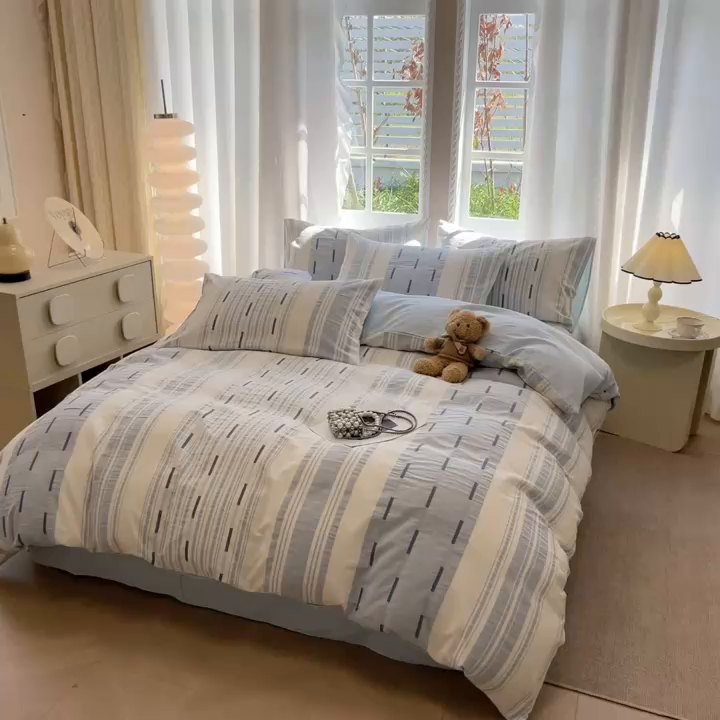 91家纺网 家纺一手货源 找家纺 米可2025春夏新款A类色织华夫格提花全棉四件套 本色-蓝