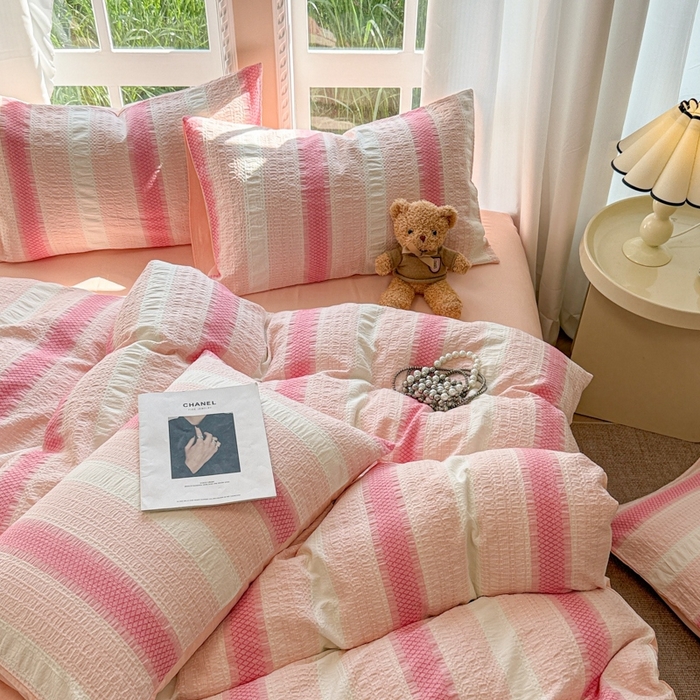 91家纺网 家纺一手货源 找家纺 米可2025春夏新款A类色织华夫格提花全棉四件套 沐言-粉