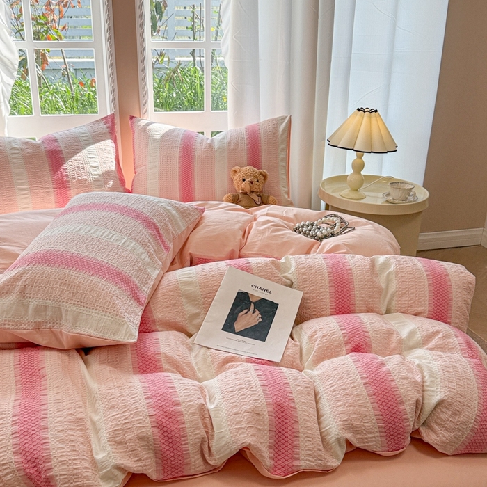 91家纺网 家纺一手货源 找家纺 米可2025春夏新款A类色织华夫格提花全棉四件套 沐言-粉