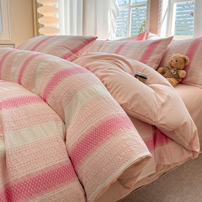 米可2025春夏新款A类色织华夫格提花全棉四件套 沐言-粉