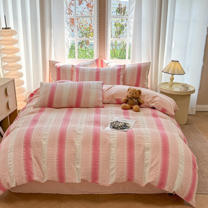 91家纺网 家纺一手货源 找家纺 米可2025春夏新款A类色织华夫格提花全棉四件套 沐言-粉