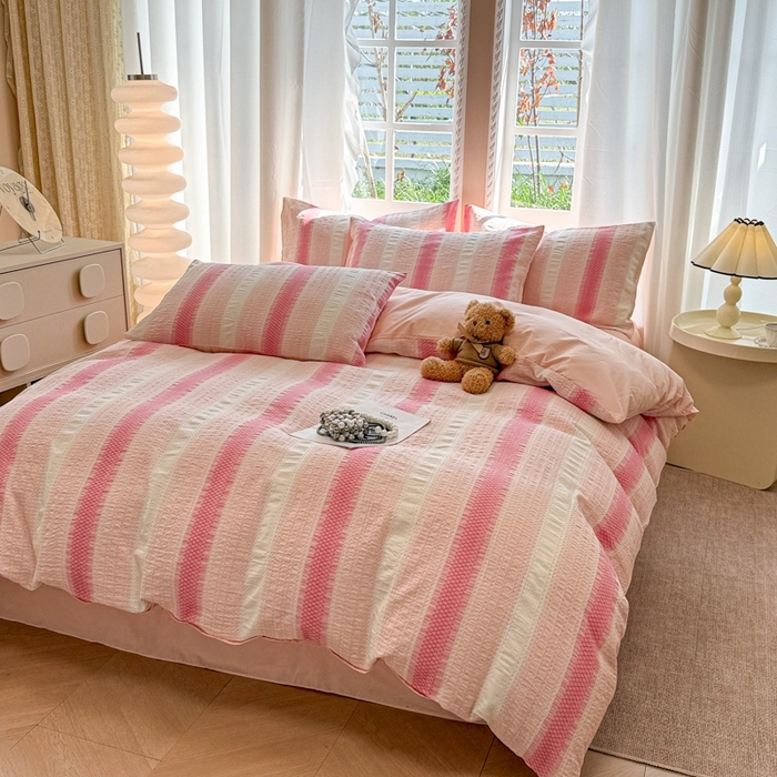 91家纺网 家纺一手货源 找家纺 米可2025春夏新款A类色织华夫格提花全棉四件套 沐言-粉