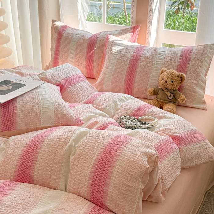 91家纺网 家纺一手货源 找家纺 米可2025春夏新款A类色织华夫格提花全棉四件套 沐言-粉