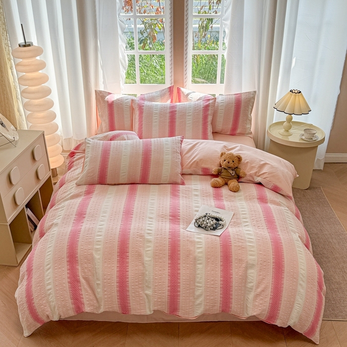 91家纺网 家纺一手货源 找家纺 米可2025春夏新款A类色织华夫格提花全棉四件套 沐言-粉