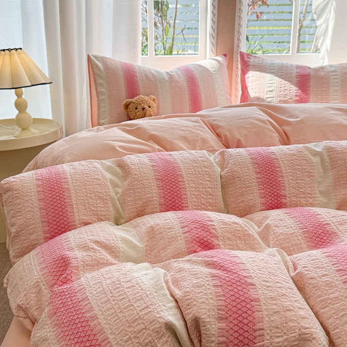 91家纺网 家纺一手货源 找家纺 米可2025春夏新款A类色织华夫格提花全棉四件套 沐言-粉