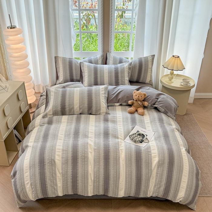 91家纺网 家纺一手货源 找家纺 米可2025春夏新款A类色织华夫格提花全棉四件套 沐言-灰