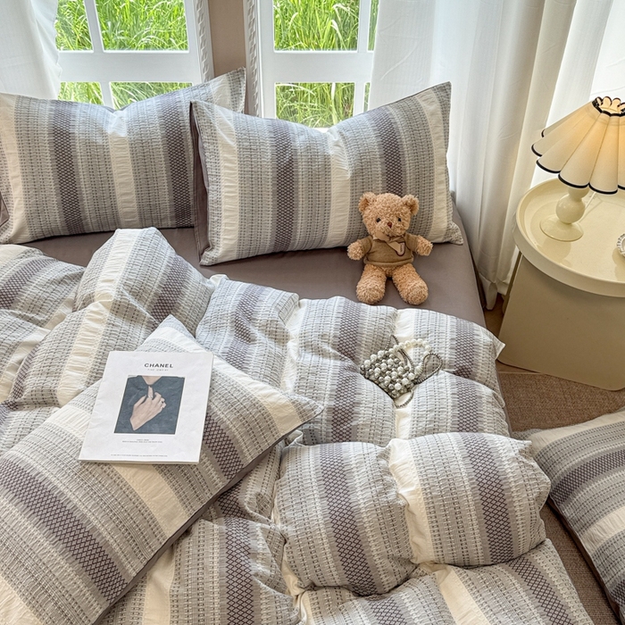 91家纺网 家纺一手货源 找家纺 米可2025春夏新款A类色织华夫格提花全棉四件套 沐言-灰