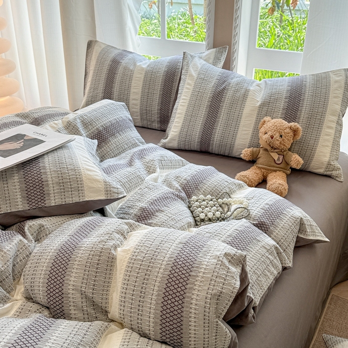 91家纺网 家纺一手货源 找家纺 米可2025春夏新款A类色织华夫格提花全棉四件套 沐言-灰