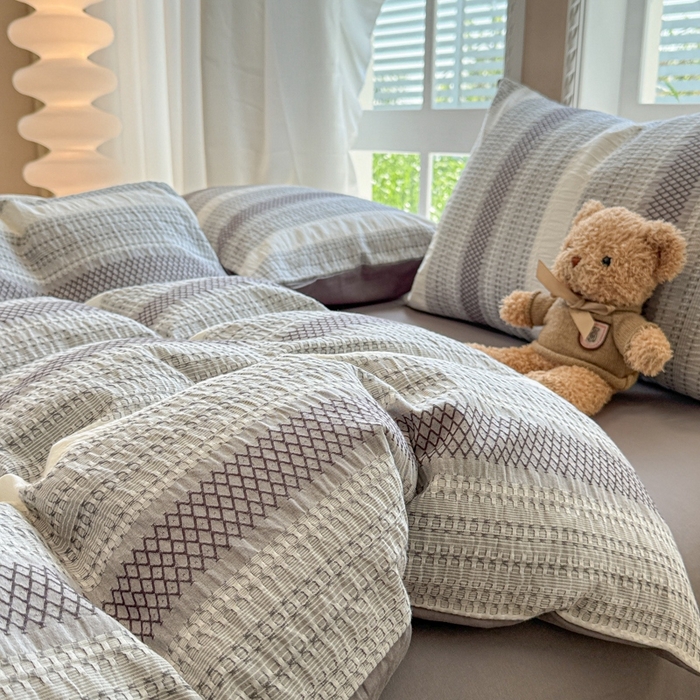 91家纺网 家纺一手货源 找家纺 米可2025春夏新款A类色织华夫格提花全棉四件套 沐言-灰