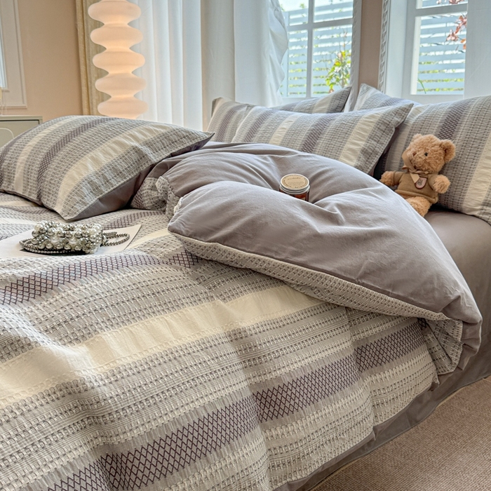 91家纺网 家纺一手货源 找家纺 米可2025春夏新款A类色织华夫格提花全棉四件套 沐言-灰