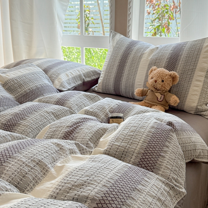 91家纺网 家纺一手货源 找家纺 米可2025春夏新款A类色织华夫格提花全棉四件套 沐言-灰