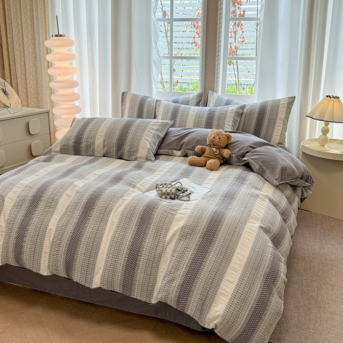 91家纺网 家纺一手货源 找家纺 米可2025春夏新款A类色织华夫格提花全棉四件套 沐言-灰