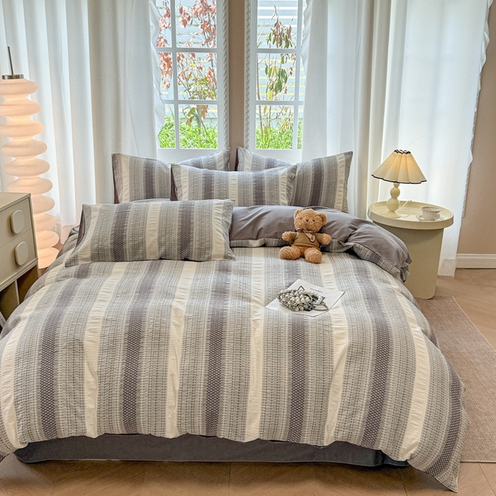 91家纺网 家纺一手货源 找家纺 米可2025春夏新款A类色织华夫格提花全棉四件套 沐言-灰