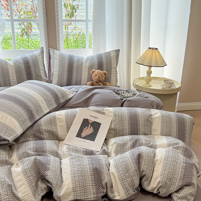 91家纺网 家纺一手货源 找家纺 米可2025春夏新款A类色织华夫格提花全棉四件套 沐言-灰