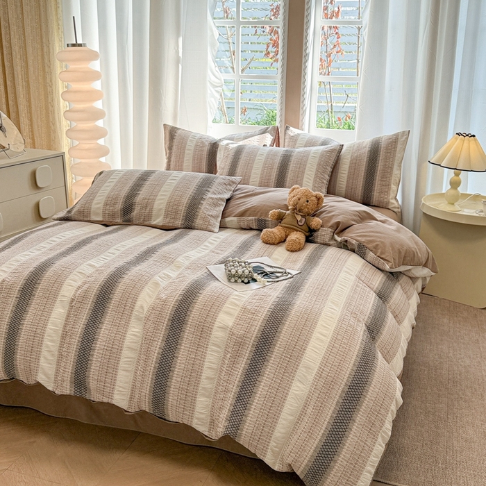 91家纺网 家纺一手货源 找家纺 米可2025春夏新款A类色织华夫格提花全棉四件套 沐言-咖