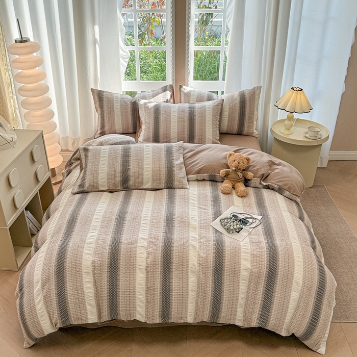 91家纺网 家纺一手货源 找家纺 米可2025春夏新款A类色织华夫格提花全棉四件套 沐言-咖