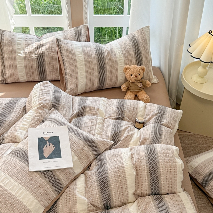 91家纺网 家纺一手货源 找家纺 米可2025春夏新款A类色织华夫格提花全棉四件套 沐言-咖