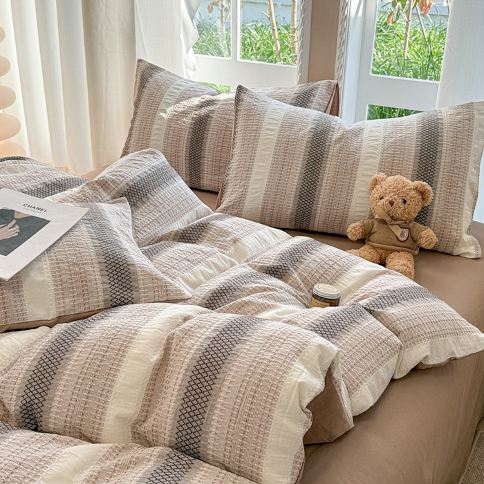 91家纺网 家纺一手货源 找家纺 米可2025春夏新款A类色织华夫格提花全棉四件套 沐言-咖