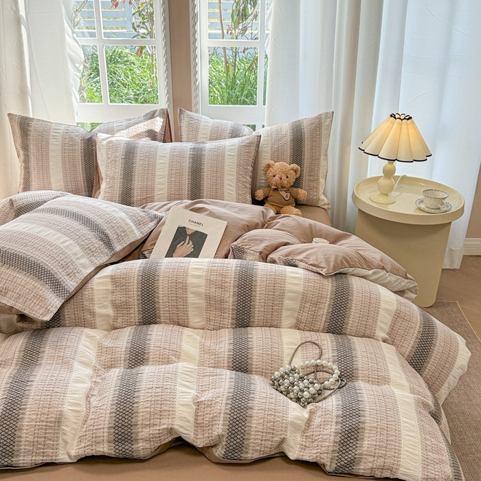 91家纺网 家纺一手货源 找家纺 米可2025春夏新款A类色织华夫格提花全棉四件套 沐言-咖