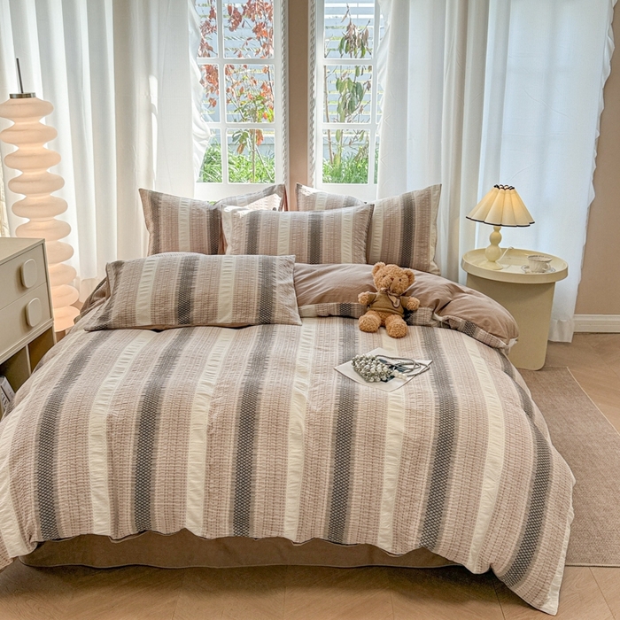 91家纺网 家纺一手货源 找家纺 米可2025春夏新款A类色织华夫格提花全棉四件套 沐言-咖