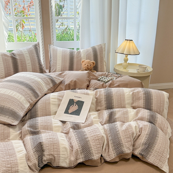 91家纺网 家纺一手货源 找家纺 米可2025春夏新款A类色织华夫格提花全棉四件套 沐言-咖