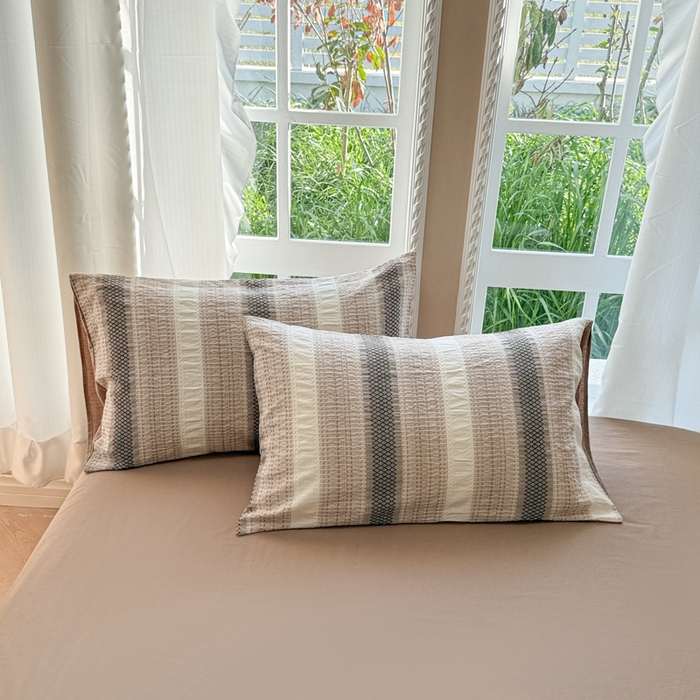 91家纺网 家纺一手货源 找家纺 米可2025春夏新款A类色织华夫格提花全棉四件套 沐言-咖