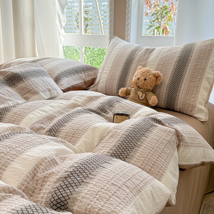 91家纺网 家纺一手货源 找家纺 米可2025春夏新款A类色织华夫格提花全棉四件套 沐言-咖