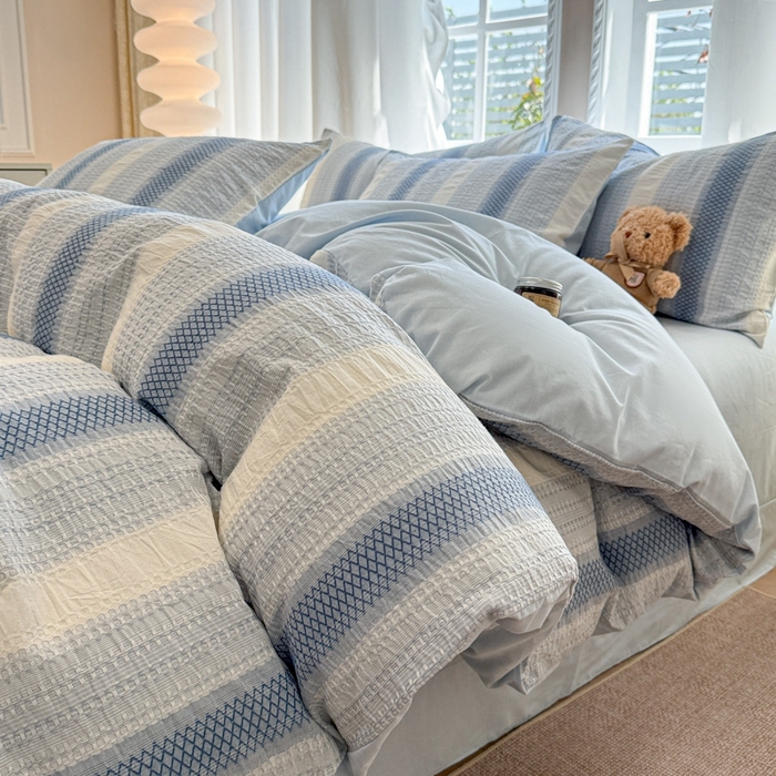 米可2025春夏新款A类色织华夫格提花全棉四件套 沐言-蓝  