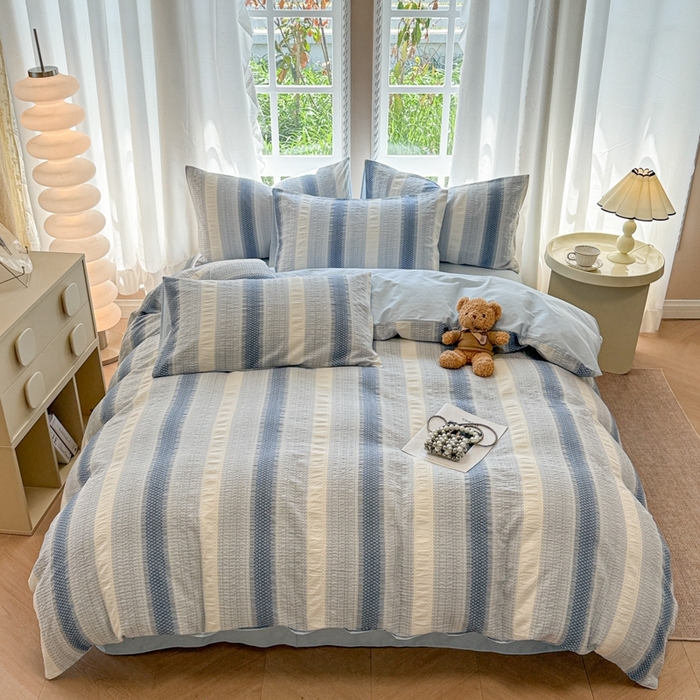 91家纺网 家纺一手货源 找家纺 米可2025春夏新款A类色织华夫格提花全棉四件套 沐言-蓝  