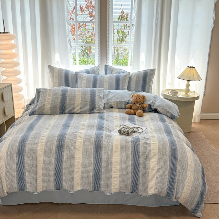 91家纺网 家纺一手货源 找家纺 米可2025春夏新款A类色织华夫格提花全棉四件套 沐言-蓝  