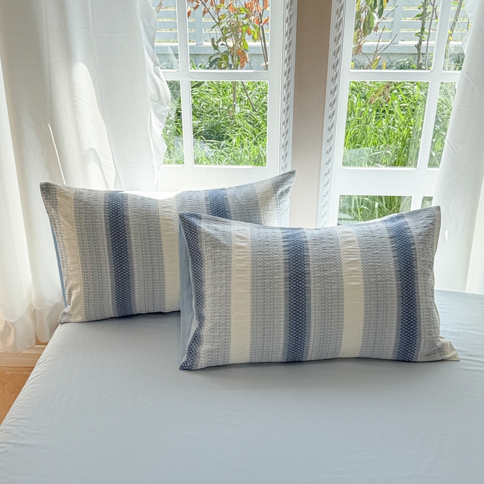 91家纺网 家纺一手货源 找家纺 米可2025春夏新款A类色织华夫格提花全棉四件套 沐言-蓝  