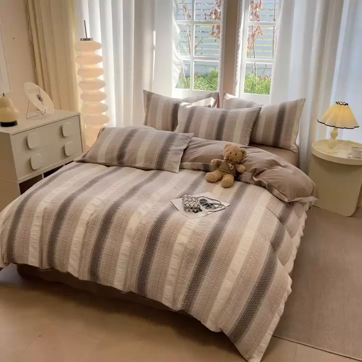 91家纺网 家纺一手货源 找家纺 米可2025春夏新款A类色织华夫格提花全棉四件套 沐言-咖