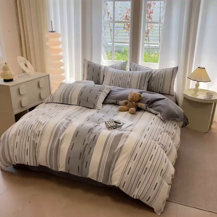 91家纺网 家纺一手货源 找家纺 米可2025春夏新款A类色织华夫格提花全棉四件套 沐言-灰