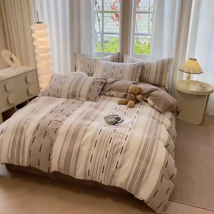 91家纺网 家纺一手货源 找家纺 米可2025春夏新款A类色织华夫格提花全棉四件套 本色咖