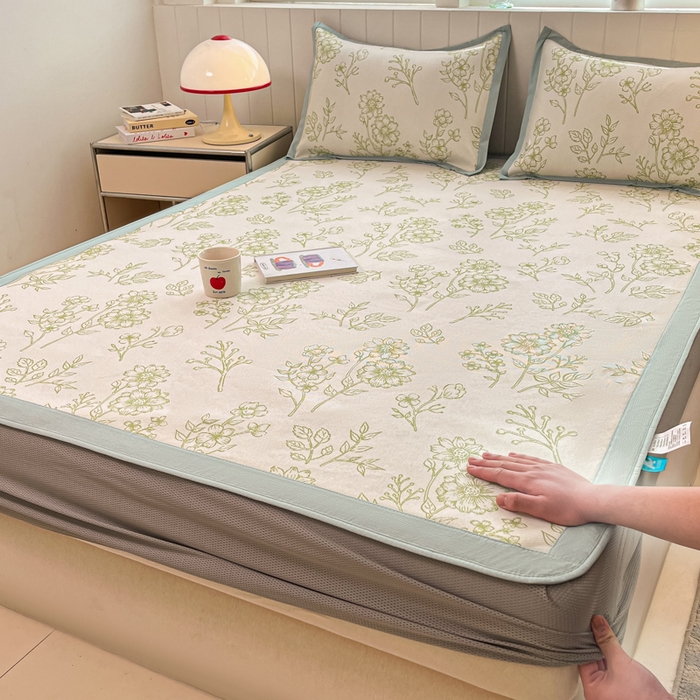 安哆啦家纺 2025新款A类小清新卡通高品质冰藤印花凉席床笠床席款 冰藤席-绿意【床笠款】
